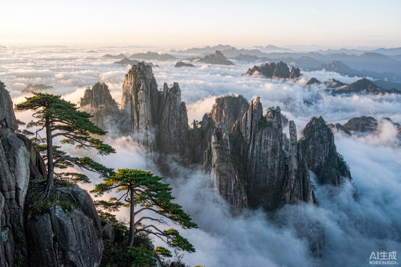 雨后初晴的黄山群峰与苍松