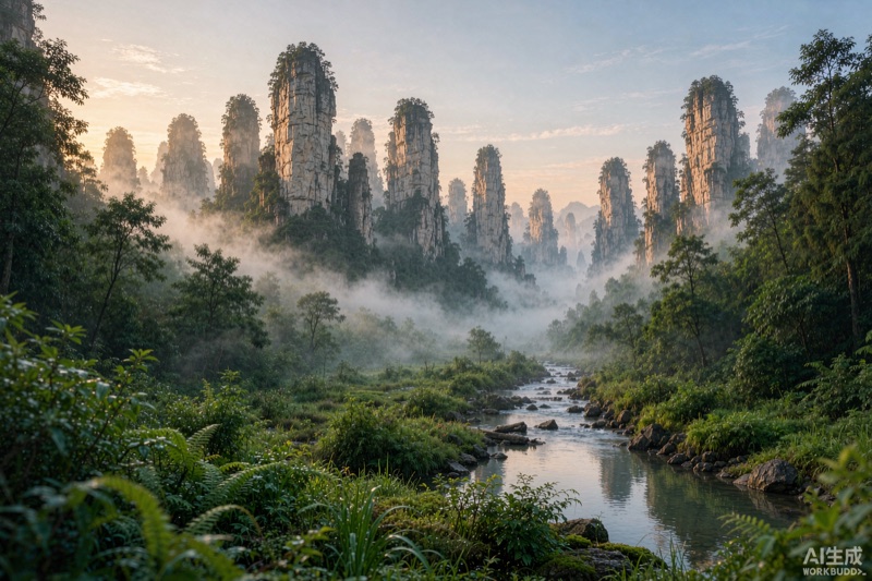 晨雾中耸立的张家界石英砂岩峰林