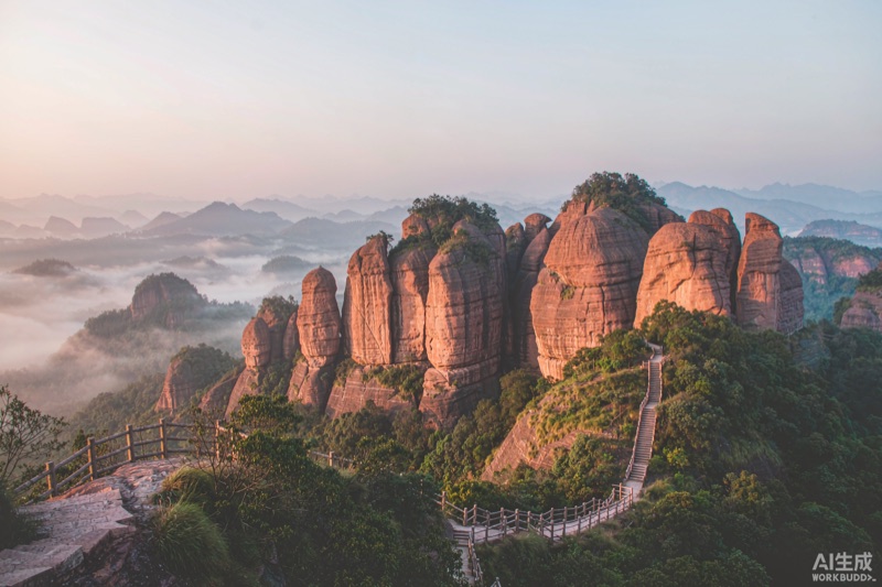 晨雾流转于丹霞峰林之间的山路
