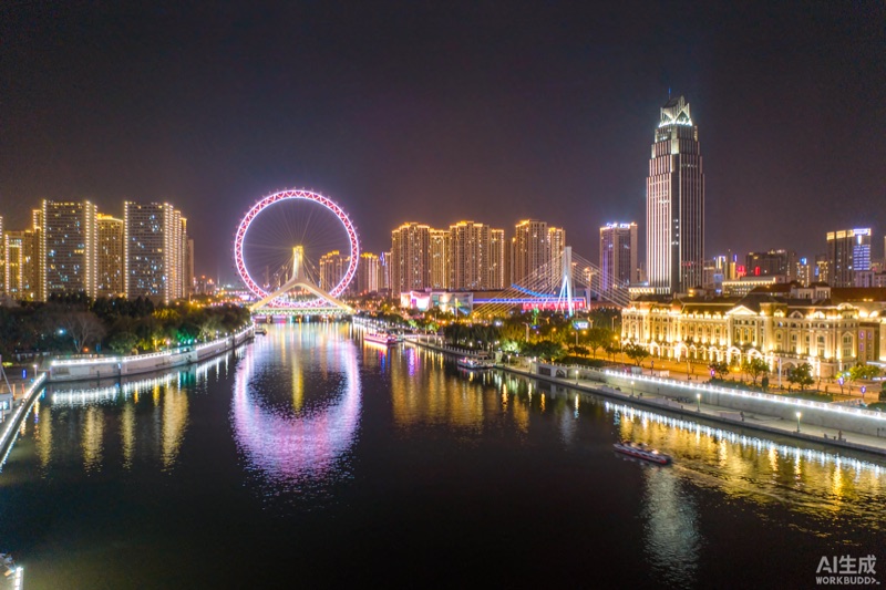 夜色中的海河两岸灯光、桥梁与天津之眼摩天轮